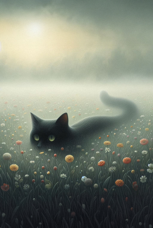 mačka i poljsko cveće u magli  