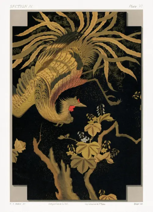 antique print of the mythical howo above the kiri (1884) the ornamental arts of japan g a audsley japan 