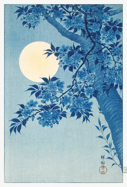 blossoming cherry on a moonlit night (1932) ohara koson poster japan ohara koson 