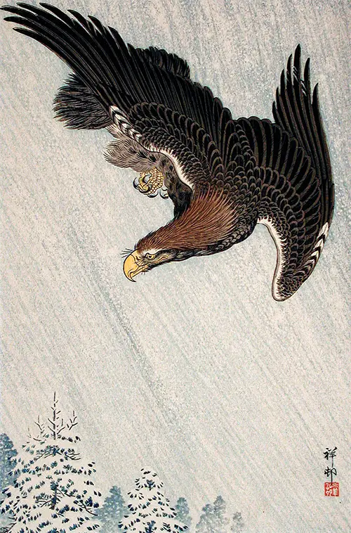 eagle flying in snow (1933) ohara koson poster japan ohara koson životinje 