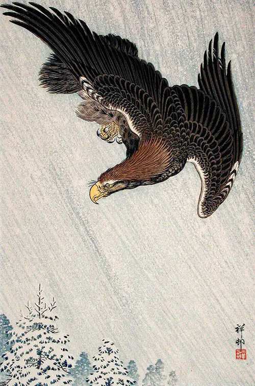 eagle flying in snow (1933) japan ohara koson životinje 