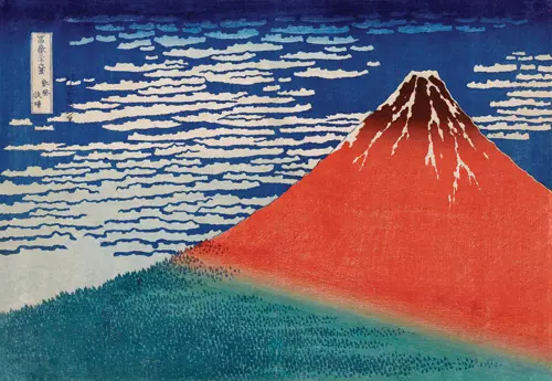 fini vetar, vedro jutro (južni vetar, vedro nebo crveni fudži) (1832) katsushika hokusai 