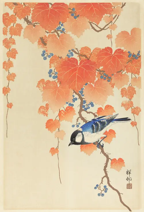 great tit on paulownia branch japan ohara koson životinje 