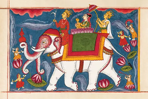 indra conveying jina rishabhanatha (adinatha) on airavata, folio from a bhaktamara stotra (hymn of the immortal devotee) (1800 1825)  