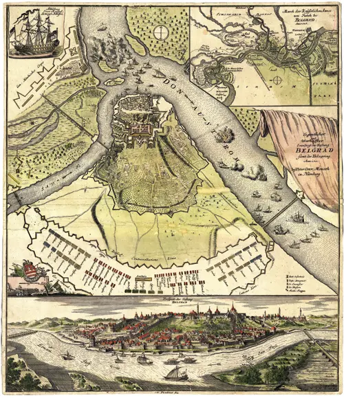 mapa austrijske opsade beograda 1717 godine, sa panoramom beograda (nemačka mapa iz 1717)  