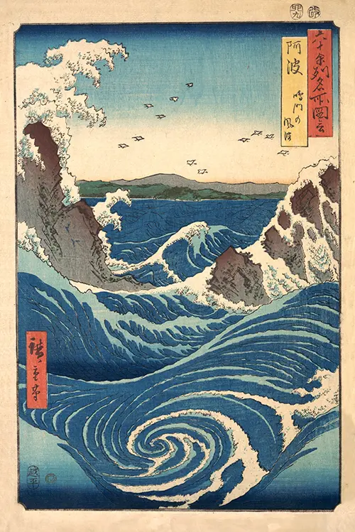 naruto whirlpool, awa province, from the series views of famous places in the sixty odd provinces (1853) utagawa hiroshige poster japan utagawa hiroshige 