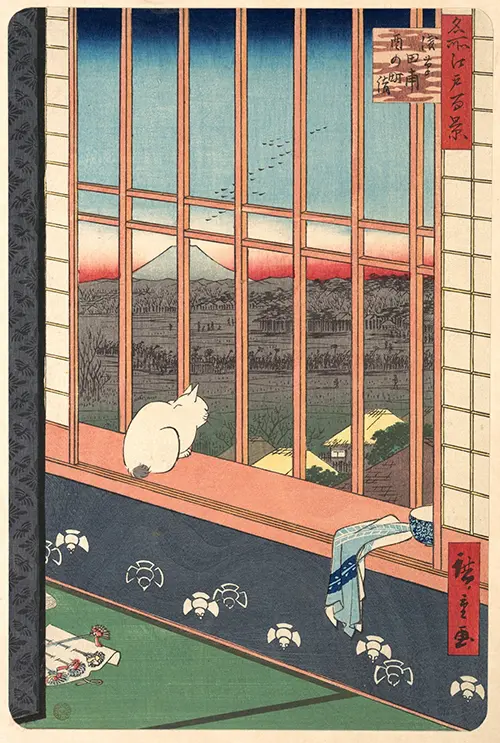 revelers returned from the tori no machi festival at asakusa, from the series one hundred famous views of edo (1857) japan utagawa hiroshige životinje 