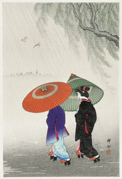 two women in the rain (1925 1936) ohara koson poster japan ohara koson 