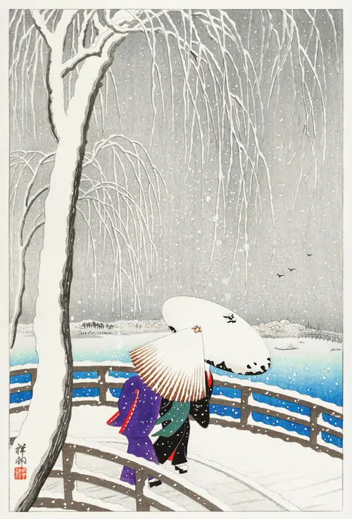 two women in the snow on yanagi bridge (1927) ohara koson 