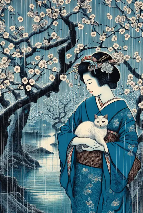 woman with cat in plum garden japan 