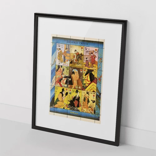 japanese prints originalni blok od 9 poštanskih markica, somalija 2001 uramljeno 21x30 cm  