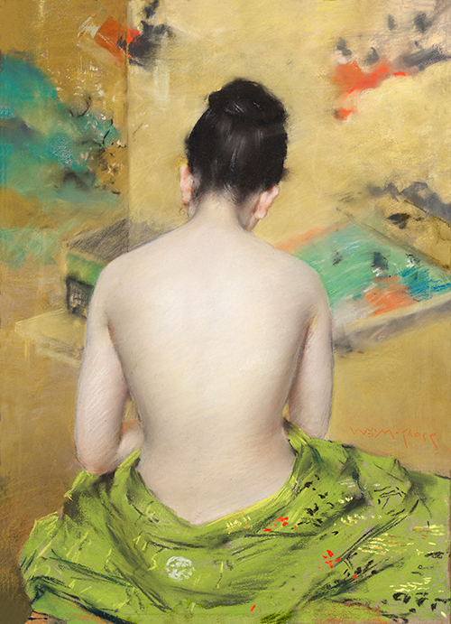naga japanka senzualno pozira u kimonu studija boje kože i zlata (1888) william merritt chase 