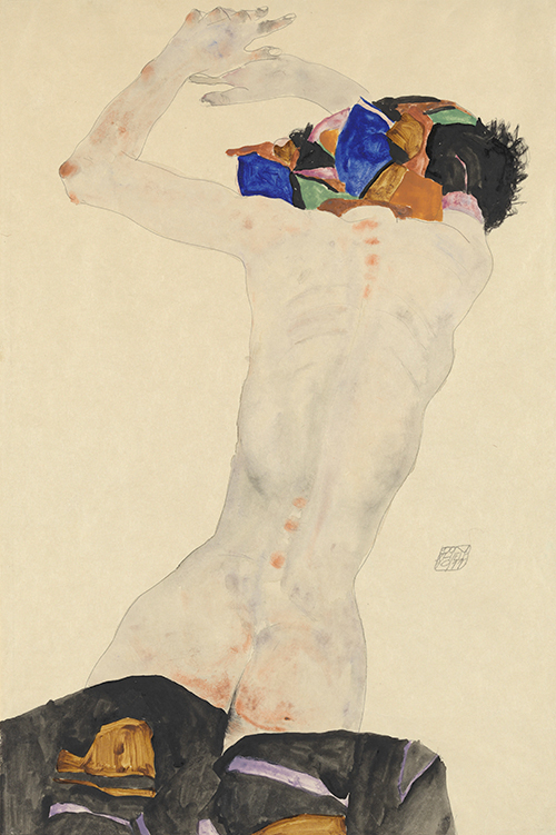 back nude with colorful cloth (1911) egon schiele 