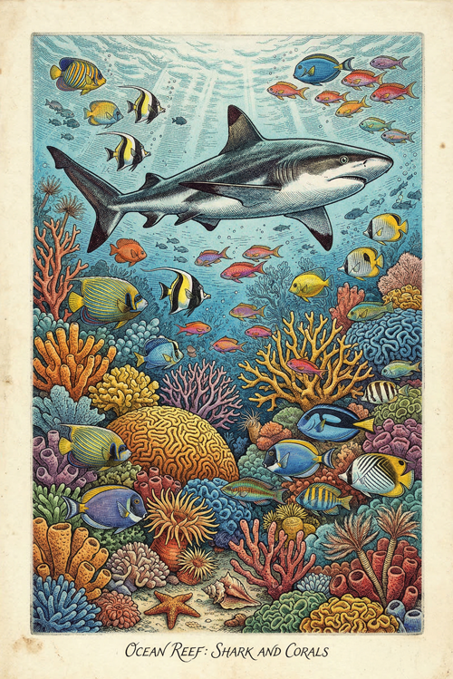 morski greben korali i ajkula  