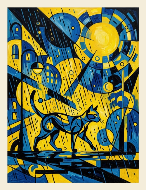 mačka na kiši plavo žuti grad  