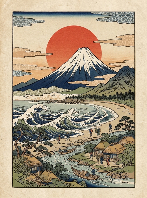 sunce iza planine fudži  