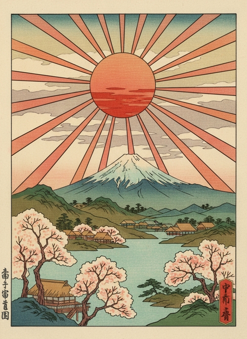 crveno sunce nad planinom fudži  