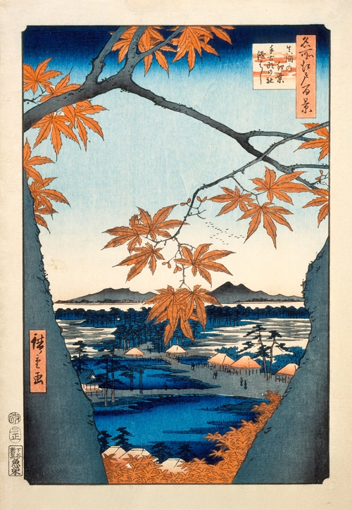 javori u mami, svetilište tekona i povezani most (1857) utagawa hiroshige 