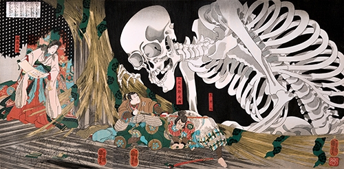mitsukuni prkosi skeletnoj sablasti (1910) utagawa kuniyoshi 