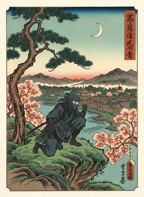 na obali reke kamo u kjotu, ninja pod mladim mesecom  