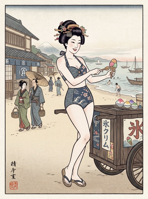 na plaži u enoshimi, letnji dan sa prodavačicom sladoleda  