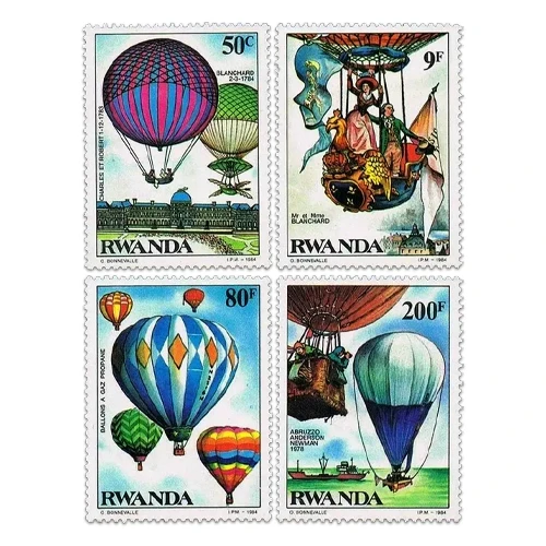 baloni na topao vazduh 8 originalnih poštanskih markica kompletna serija ruanda 1984 uramljeno 18x24 cm  